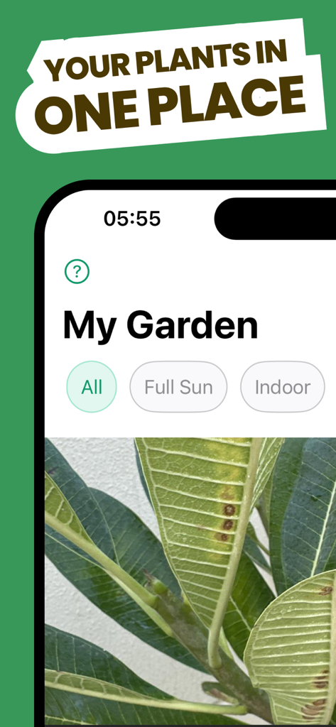 Free Plant Identifier - Wardアプリの「マイガーデン」画面。植物コレクションと日照フィルターが表示されている。