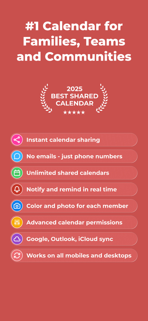 Liste der GroupCal-Funktionen für gemeinsame Kalender, einschließlich Einladungen per Telefonnummer und Synchronisierung mit Google und Outlook