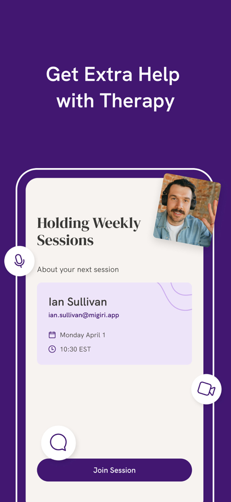 Migiri: Porn Blocker & More - A mobile app interface from Migiri showing details for a weekly therapy session including the therapist name, scheduled time, and a join session button