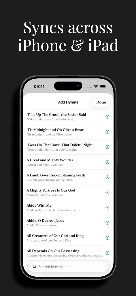Hymns: Hymn Book - A mobile interface of the Hymns app displaying a list of traditional songs and highlighting synchronization across iPhone and iPad devices.