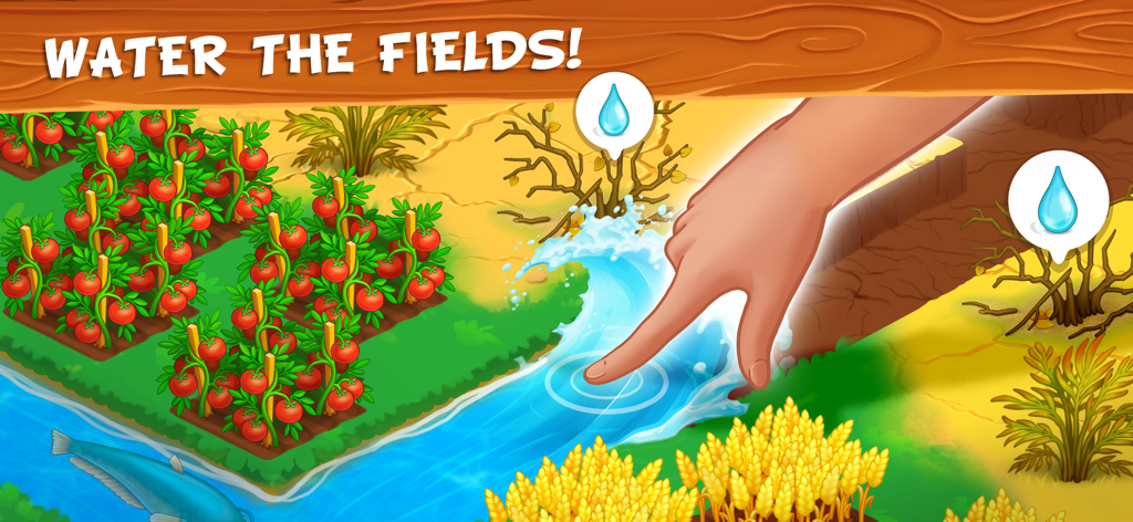 Ein Spieler nutzt eine Touch-Interaktion, um trockene Felder und Feldfrüchte im Farm Town Mobile Game zu bewässern.