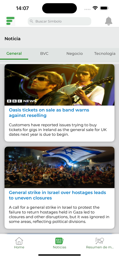 BVC Móvil - Sección de noticias de la aplicación BVC Movil mostrando titulares de noticias internacionales