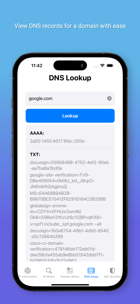 Whois Master - Whois Master mobile app displaying DNS lookup results for a website domain