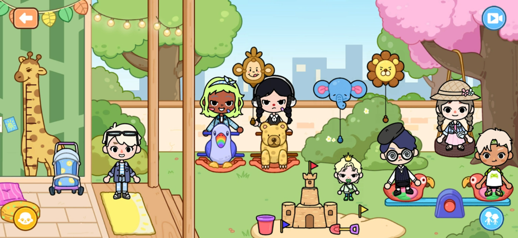 Mia World - Diverse chibi characters enjoying an interactive playground scene with a sandbox and animal riders in Mia World