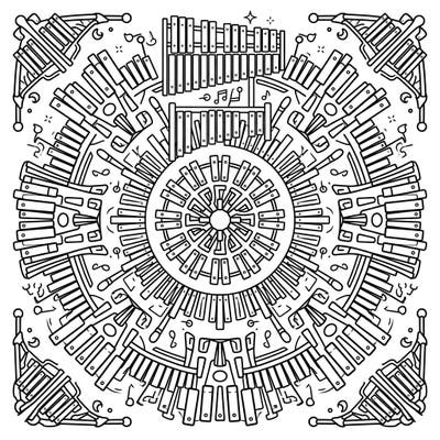 Dive into a world where music meets meditation with this stunning Vibraphone Mandala coloring page. Experience the intricate beauty of a classic percussion instrument transformed into a symmetrical work of art, ready for your creative touch.