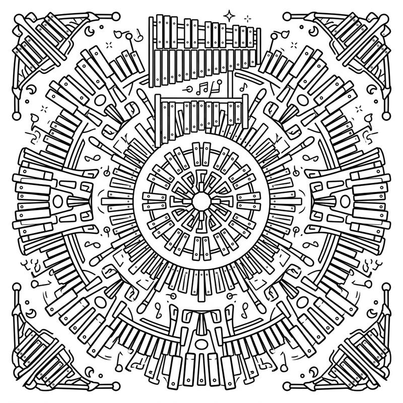 Dive into a world where music meets meditation with this stunning Vibraphone Mandala coloring page. Experience the intricate beauty of a classic percussion instrument transformed into a symmetrical work of art, ready for your creative touch.
