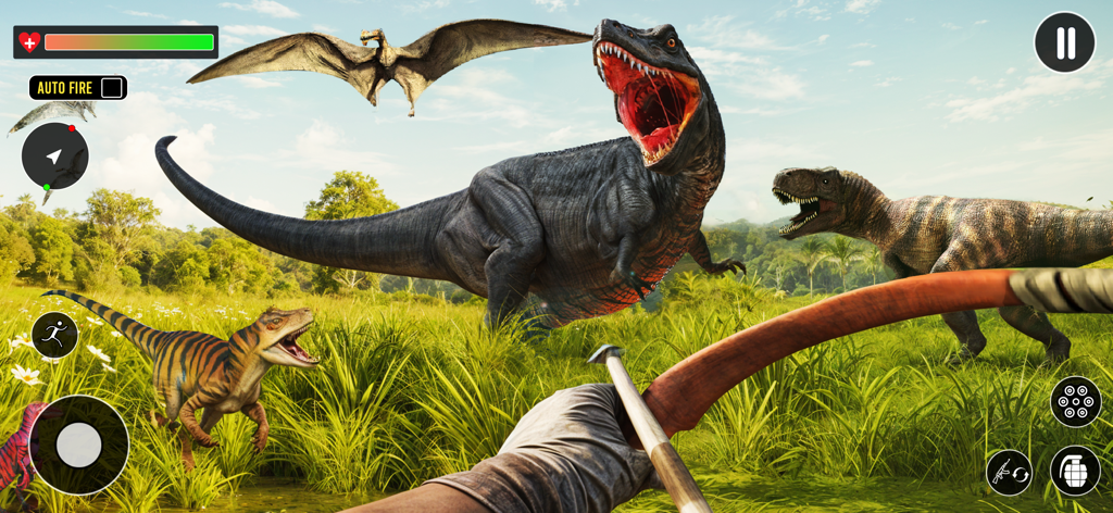 Vista en primera persona de un jugador cazando dinosaurios con un arco en un campo