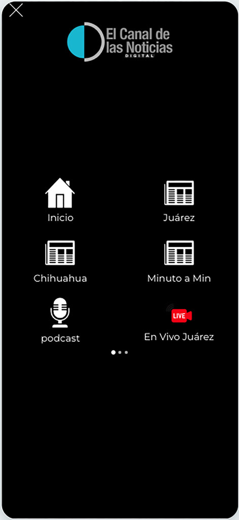 Navigation menu of the Canal 44 Digital app featuring news categories for Juarez and Chihuahua and a live stream option.