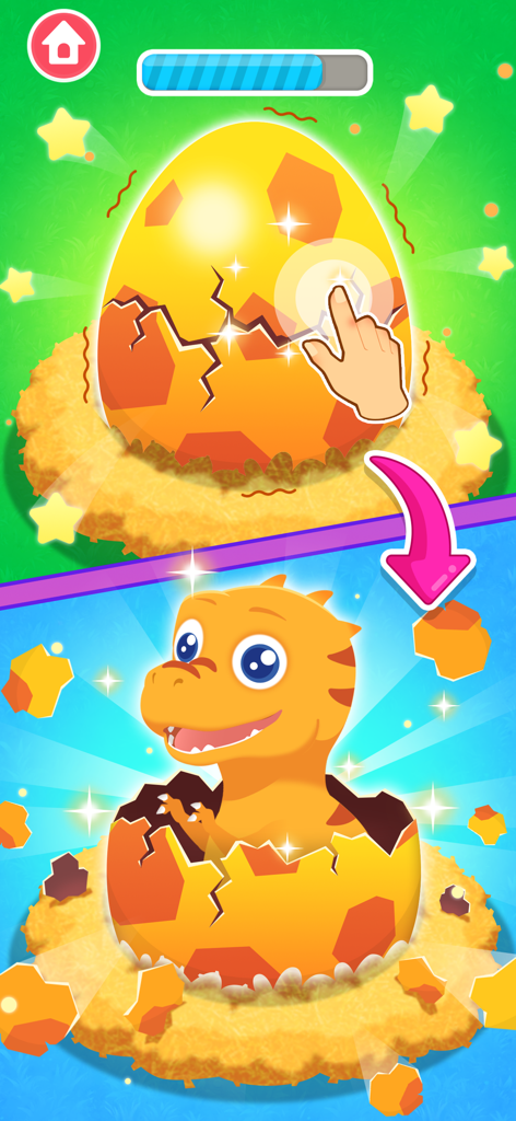 Gameplay interactif montrant un bébé dinosaure émergeant d'un œuf tacheté