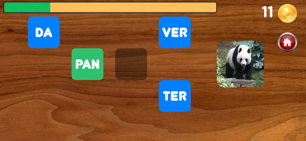 Writing with syllables - Pantalla de juego educativo que muestra la sílaba PAN y las opciones DA VER y TER para escribir panda junto a una foto de panda.