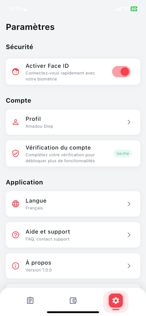 Yoni Deliver - Schermata delle impostazioni dell'app Yoni Deliver con opzioni di sicurezza e account.