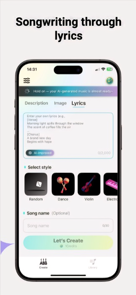 LyraAI app interface showing the songwriting feature where users can enter lyrics and select a musical style to generate a song.