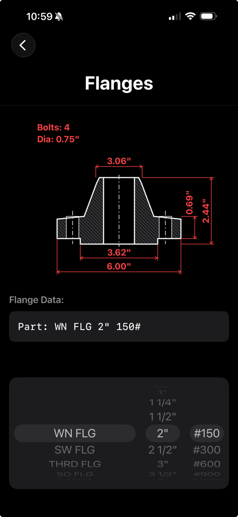 配管継手データの寸法測定とスクロールベースの選択メニューを備えたフランジの技術図。