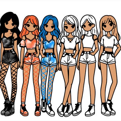 a group of girls wearing crop tops and shorts
