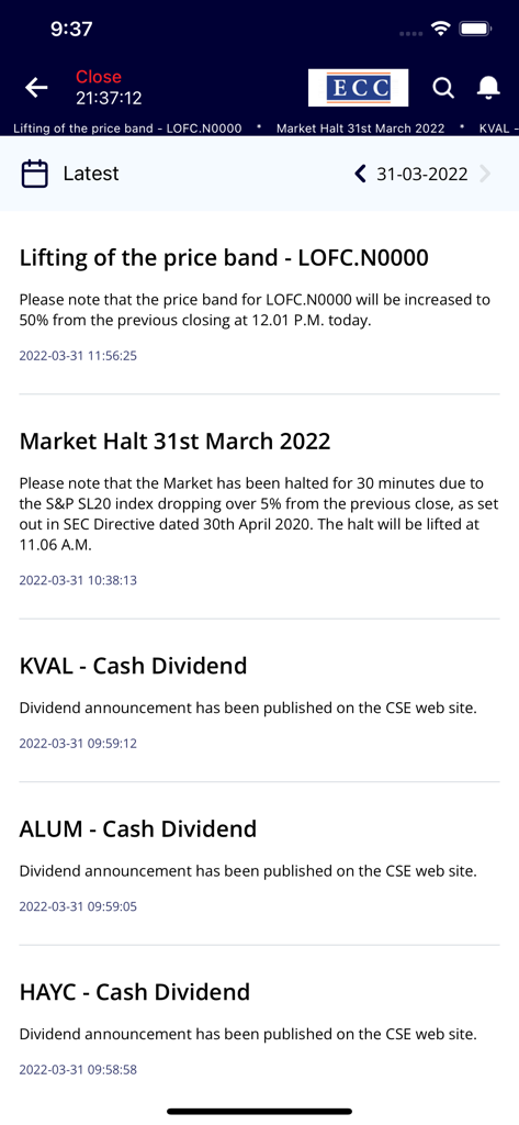 Últimos anuncios del mercado y feed de noticias de acciones en la aplicación ATrad.