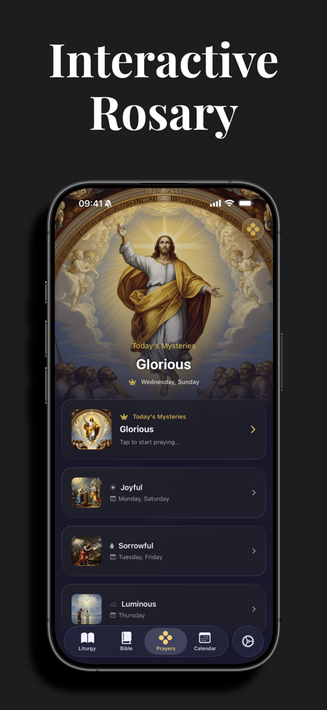 Lumen: Bible & Daily Readings - Interfaz de la aplicación Lumen mostrando la función interactiva del Rosario con selecciones para los misterios Gloriosos, Gozosos, Dolorosos y Luminosos.
