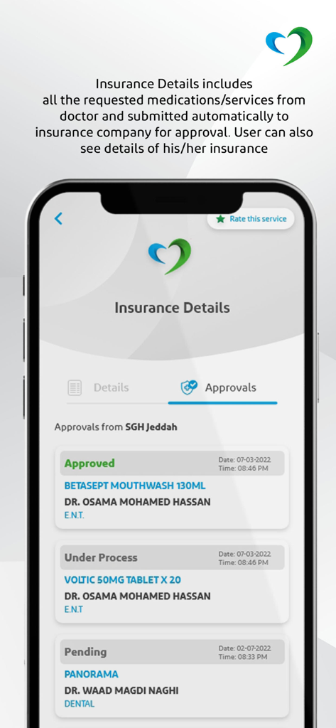 Saudi German Health - Interface of the Saudi German Health app showing insurance approval status for medications and medical services