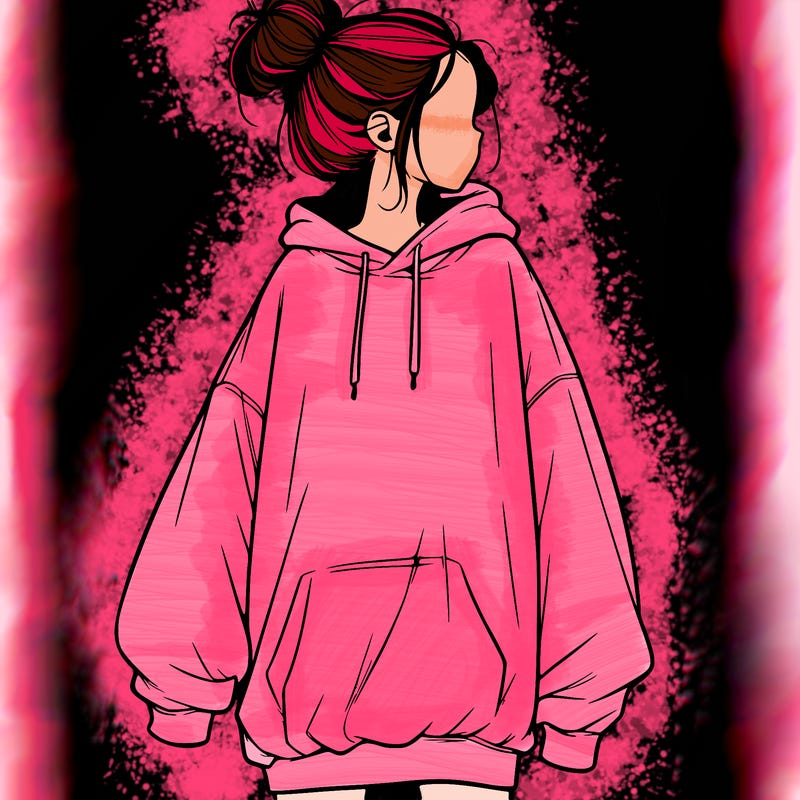 realistic girl with a oversized sweatshirt on and a bun