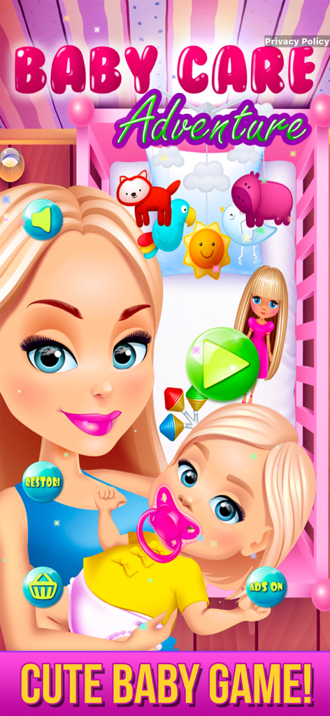 Baby Care & Dress Up Game - Main menu of Baby Care and Dress Up Game showing a cartoon woman holding a baby with a pacifier
