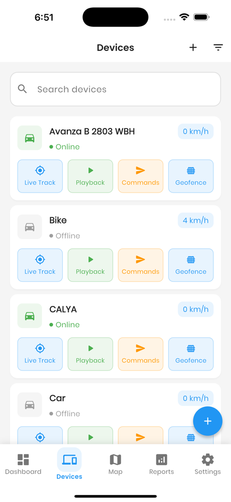 GPS Pro using Traccar - GPS Pro app interface displaying a list of tracked vehicles and monitoring tools.