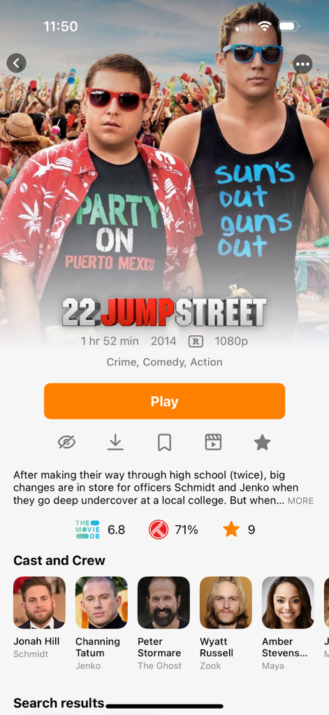 Infuse app interface showing movie details, cast, and metadata for 22 Jump Street