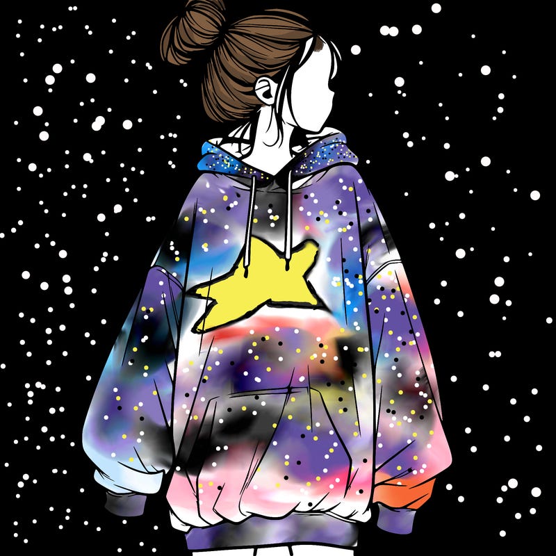 realistic girl with a oversized sweatshirt on and a bun