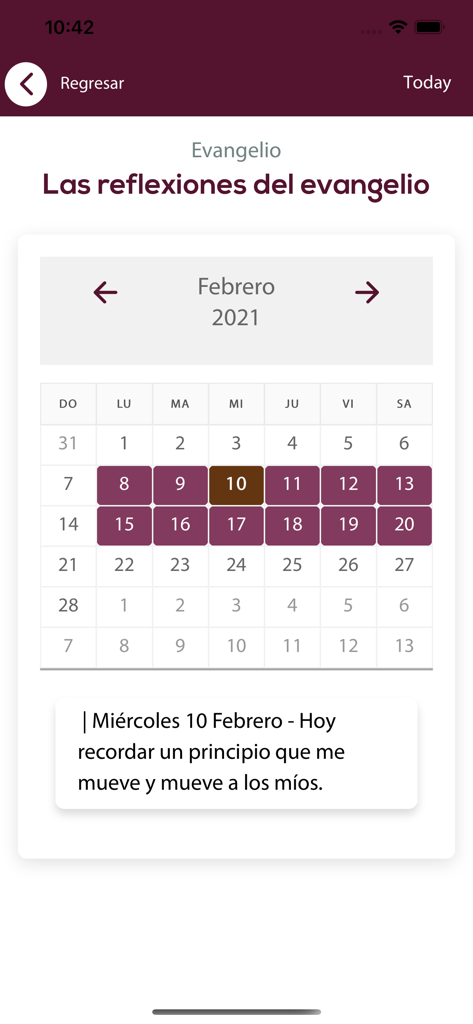 La interfaz de la aplicación Magdala mostrando un calendario mensual para reflexiones del evangelio y mensajes espirituales diarios en español