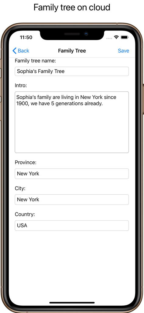 이름 소개 및 위치 세부 정보 필드가 있는 클라우드 기반 가족 트리 생성용 모바일 앱 인터페이스