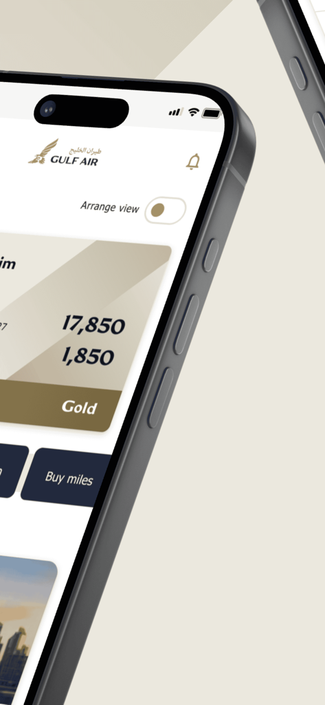 Gulf Air - Gulf Air mobile app dashboard displaying FalconFlyer miles and Gold loyalty status on an iPhone screen.
