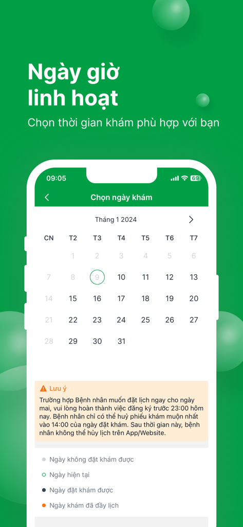 BV Quân Y 175 - Mobile screen showing a calendar for scheduling medical appointments in the Military Hospital 175 app