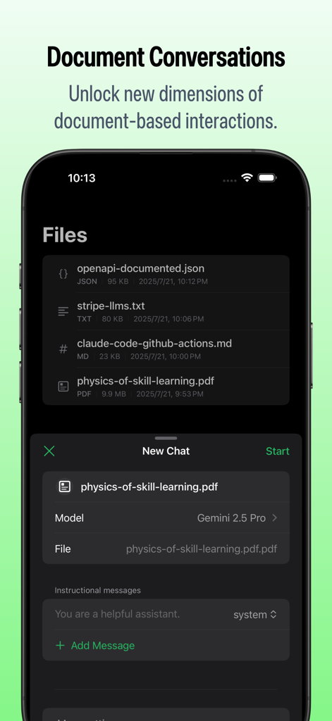 DeepChat - AI assistant - DeepChatアプリインターフェイスに、ファイルリストと、Gemini AIモデルを使用したPDFドキュメントとの新しいチャット設定が表示されています。