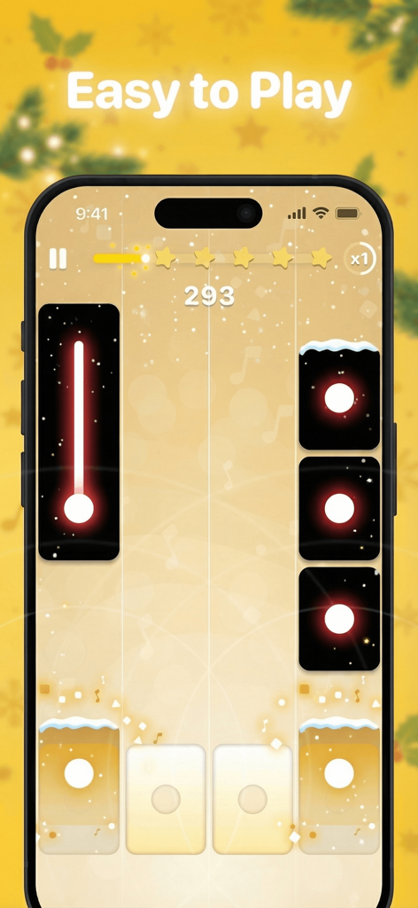 Piano Pop: Music Game Tiles - Captura de tela do jogo mobile Piano Pop mostrando peças de música e jogabilidade de ritmo em um fundo dourado com o texto Fácil de Jogar.
