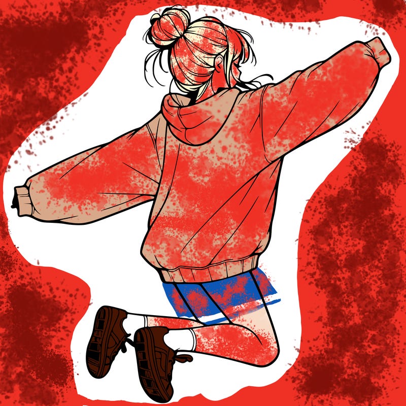 realistic girl jumping with a bun and oversized sweatshirt