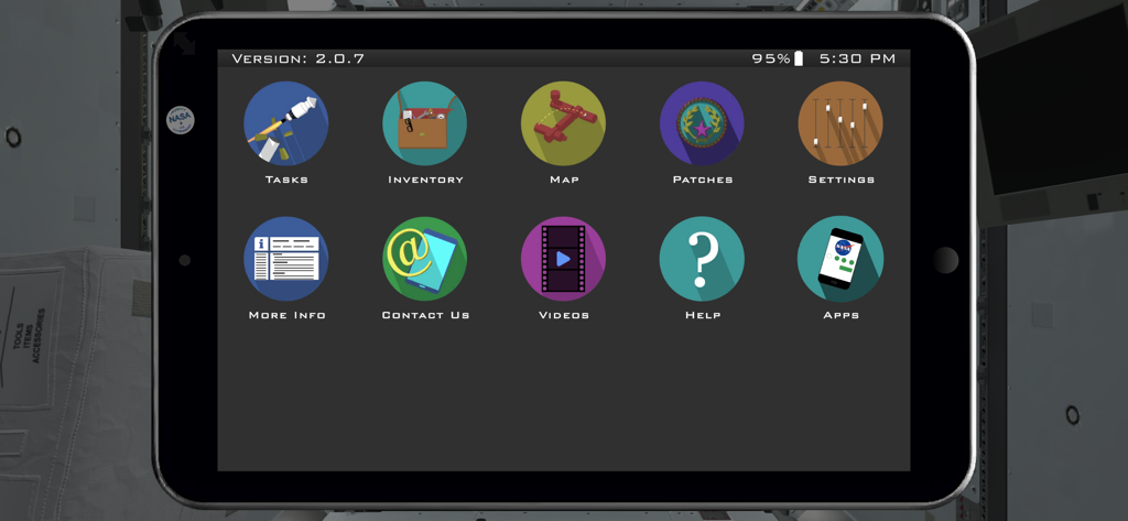 NASA Science: Plant Growth - Main menu screen of the NASA Science Plant Growth app showing mission tools and settings on a digital tablet.