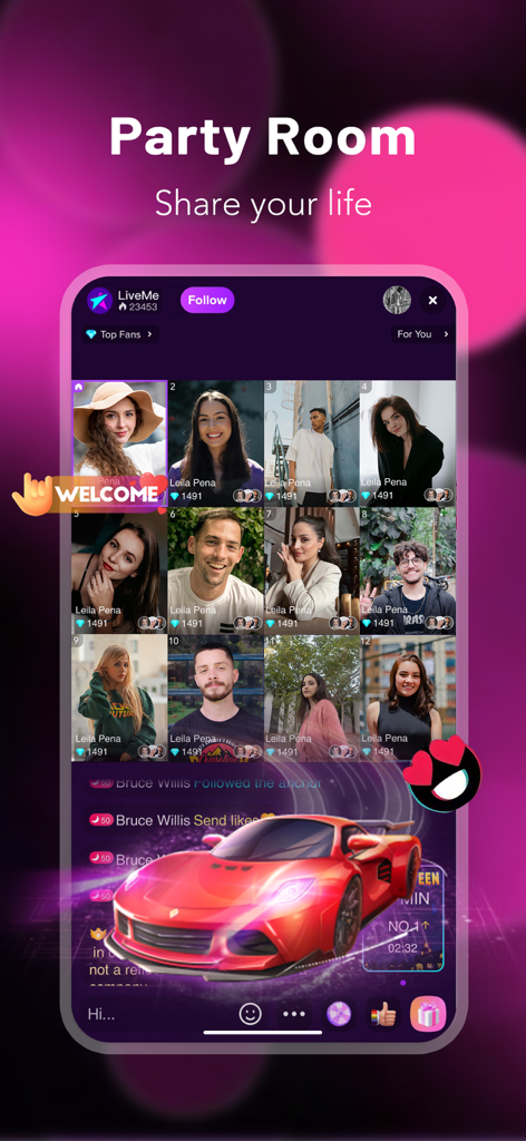 LiveMe party room interface showing a grid of multiple live streamers and a large red sports car virtual gift