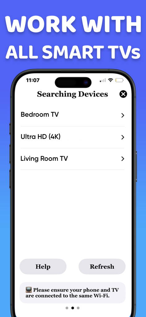 Screen Mirroring: Cast SmartTV - iPhone screen showing the app searching for available smart TVs on a local Wi-Fi network