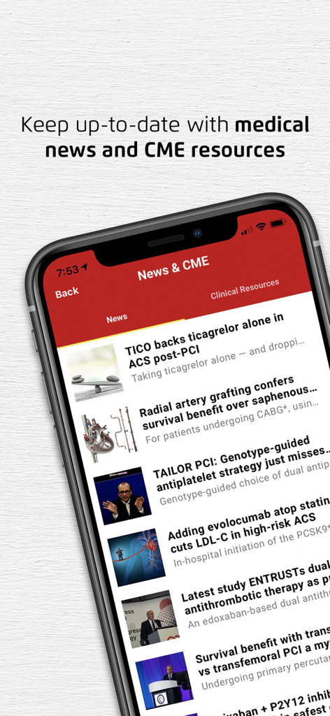 Smartphone screen displaying medical news and CME resource articles