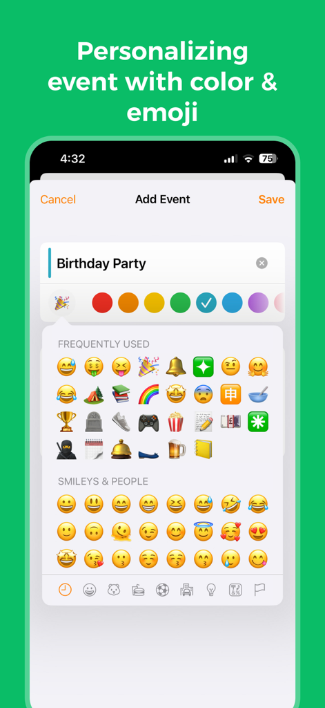 Thai Calendar (2443 to 2643) - Thai Calendar app event creation screen with emoji and color selection