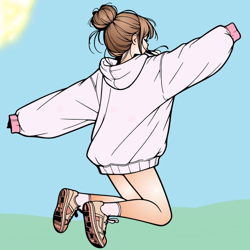 realistic girl jumping with a bun and oversized sweatshirt