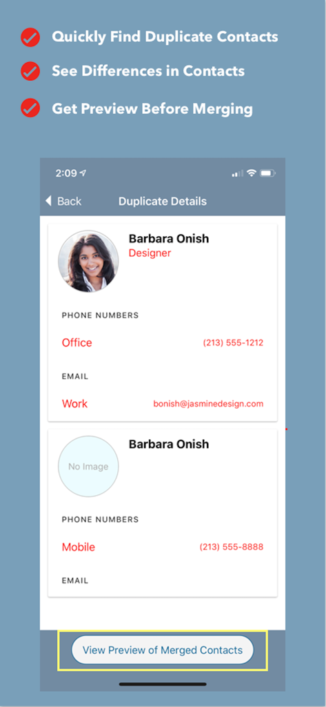 Interface mostrando a comparação e prévia da mesclagem de contatos duplicados no aplicativo Contatos por Empresa