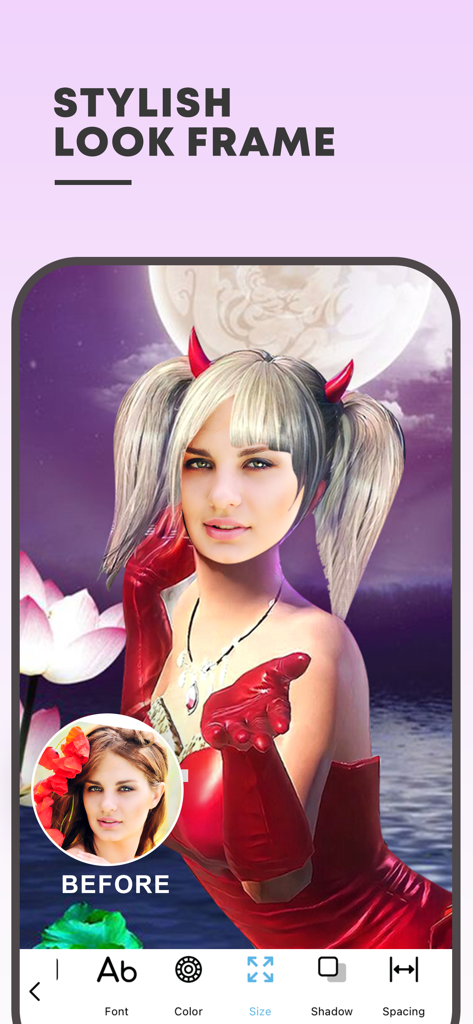 Face Caricature -Cartoon Photo - Interface do aplicativo Caricatura Facial mostrando uma transformação de desenho animado com tema de diabo antes e depois com ferramentas de edição