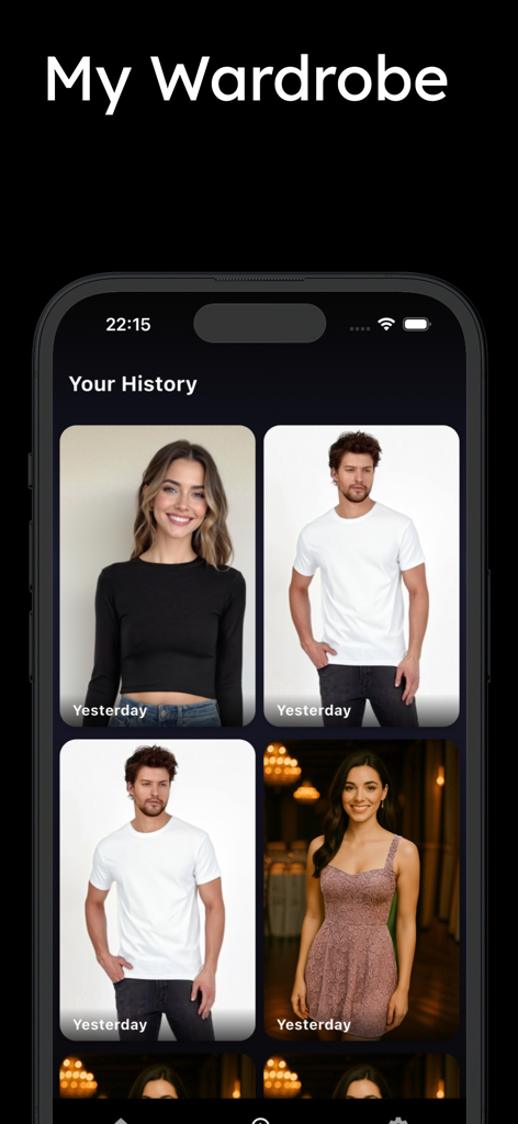 AI Clothes Changer #1 - A mobile app interface showing the My Wardrobe screen with a history of AI generated outfit try-ons