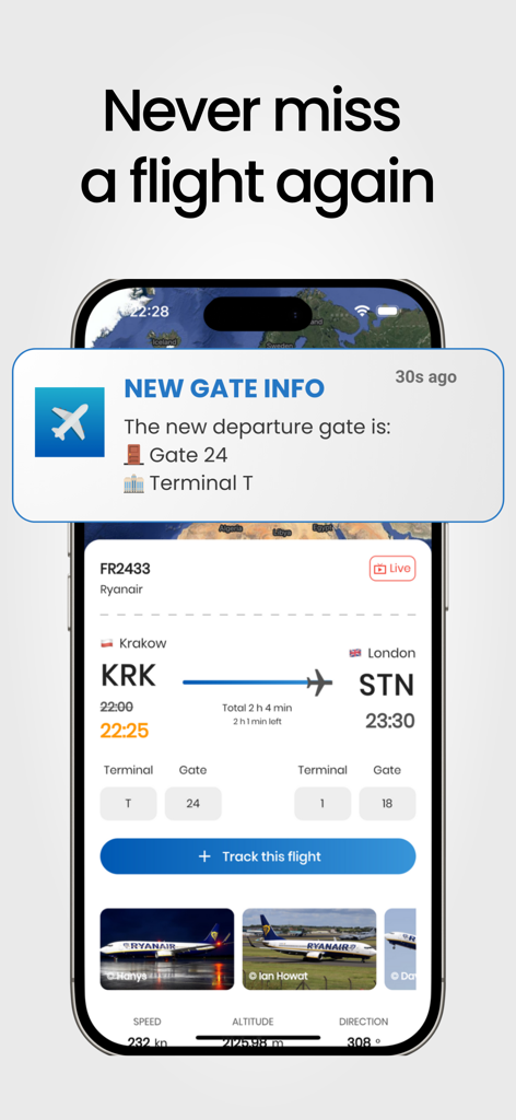 Real time gate information alert on the Flights25 app interface