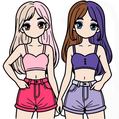 two sisters with crop tops and jean shorts and straight hair