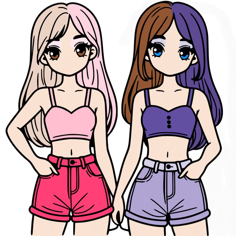 two sisters with crop tops and jean shorts and straight hair