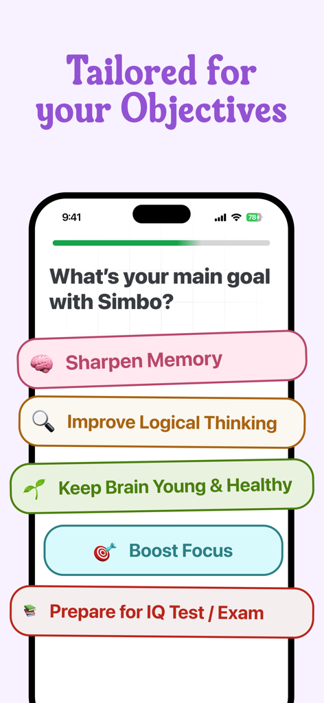 Simbo - IQ & Brain Training - Simbo app screen showing personalized training goals like sharpening memory and boosting focus