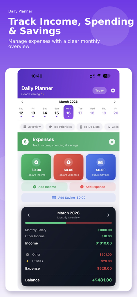 Daily Planner - My Day - Daily Planner app interface for tracking daily income spending and savings