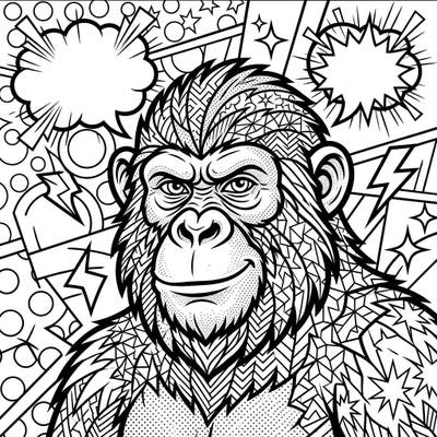Dive into the vibrant world of Pop Art with this engaging primate coloring page. Featuring a charismatic monkey or ape amidst dynamic comic-style graphics, it's a perfect blend of modern art and animal charm.