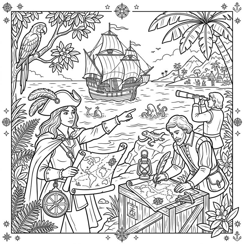 Unleash your inner adventurer with this captivating Renaissance explorers coloring page, perfect for history buffs and art enthusiasts alike. Immerse yourself in a world of discovery, featuring ancient maps, majestic ships, and fascinating wildlife.