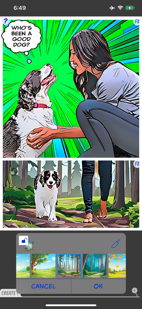ComicBook! - A woman and her dog in comic book panels with a speech bubble and background selection tool.